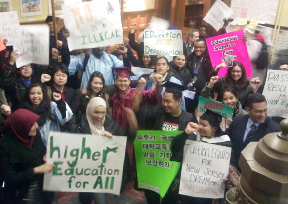 DREAMers celebrate after the Jersey City Council approved the resolution supporting the bill allowing lower tuition and financial aid for undocumented youth. Photo by Vera Parra, courtesy of AnakBayan NJ