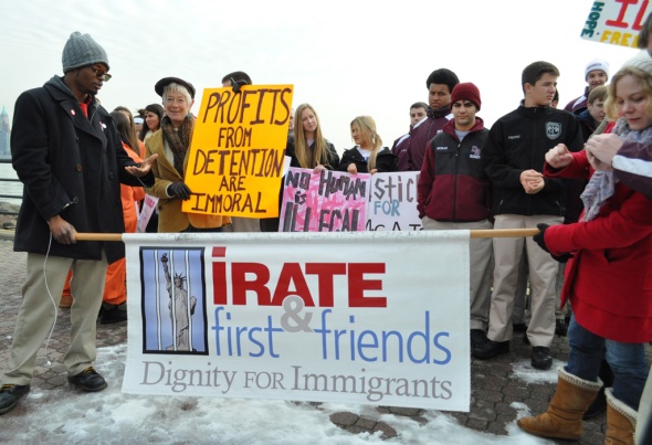Immigration rights advocates gather at Liberty State Park in mid-February  to protest immigration detention.  Photo by NOEL PANGILINAN