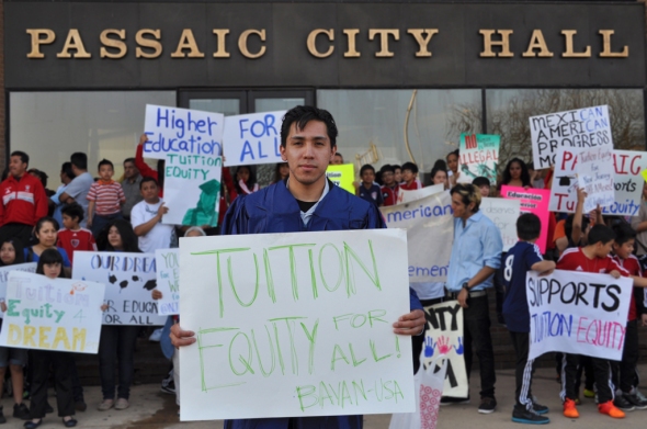 David Galvez at the rally in front of the Passaic City Hall on April 9.    Photo by NOEL PANGILINAN