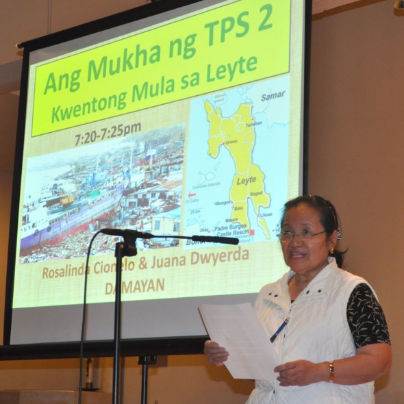 Rosalina Cionelo tells her how super storm Haiyan swept away the retirement home that she built in Leyte while working as a domestic worker in the United States for 17 years.   Photo by NOEL T. PANGILINAN